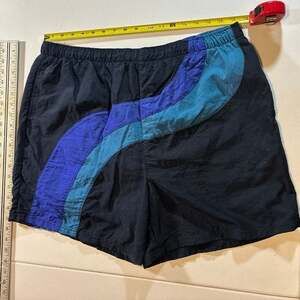 Vintage 90s Pro Spirit Color Block Mesh Lined Swim Trunks Black Blue Teal Men's